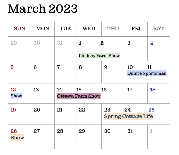 trade shows, spring trade shows, spring calendar, March calendar, ontario flag and pole 